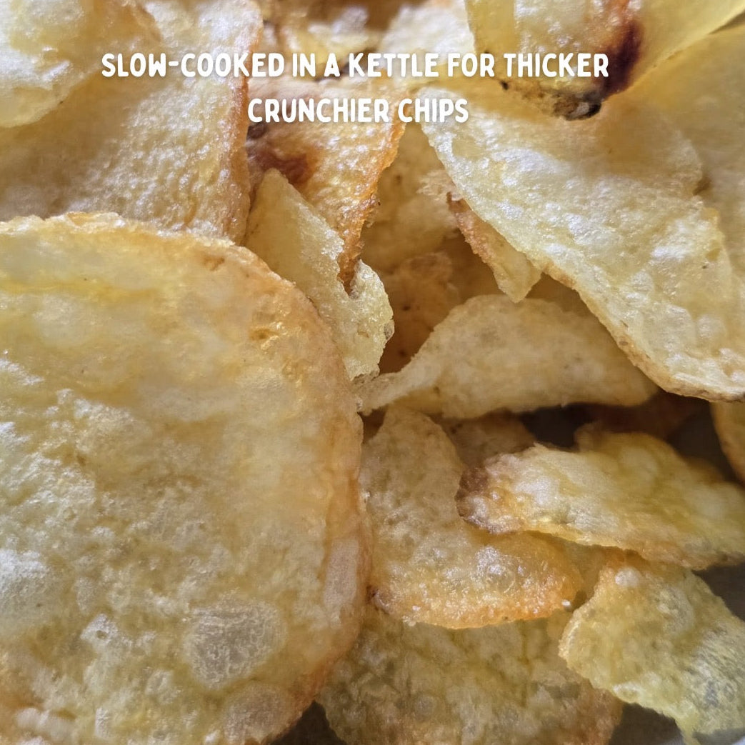 Kettle chips with text indicating they are slow-cooked for a thicker crunchier texture.