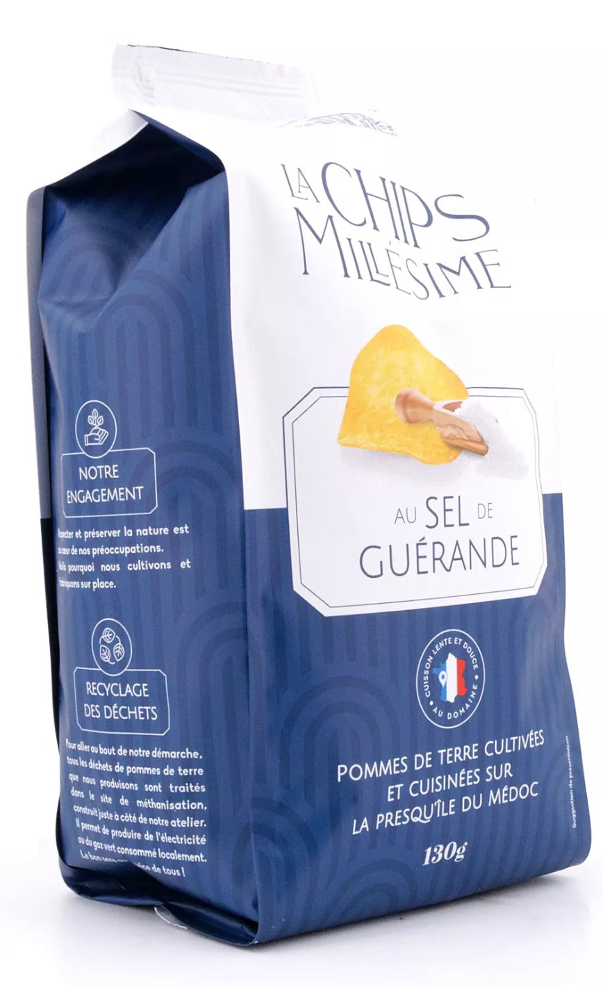 Blue packaging of 'La Chips Millestime' with a white label featuring a chip and text.