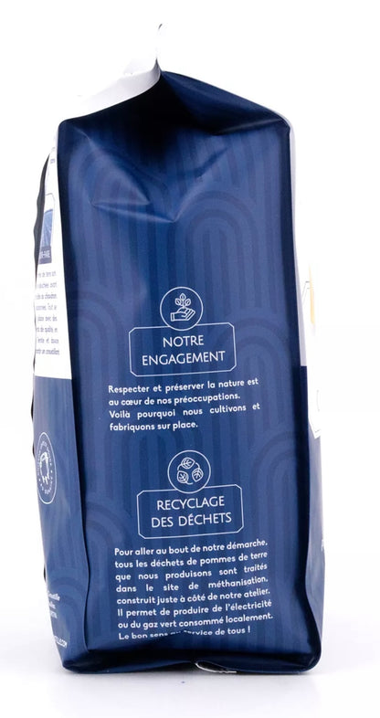 Blue packaging with text and recycling symbol on a white background