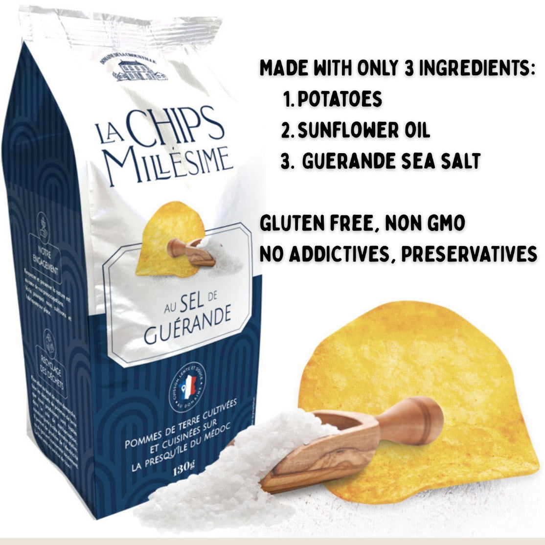 La Chips Milestime packaging with ingredients listed and a potato chip on a white background