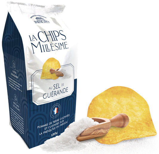 La Chips Millesime packaging with a potato chip and wooden scoop on a white background