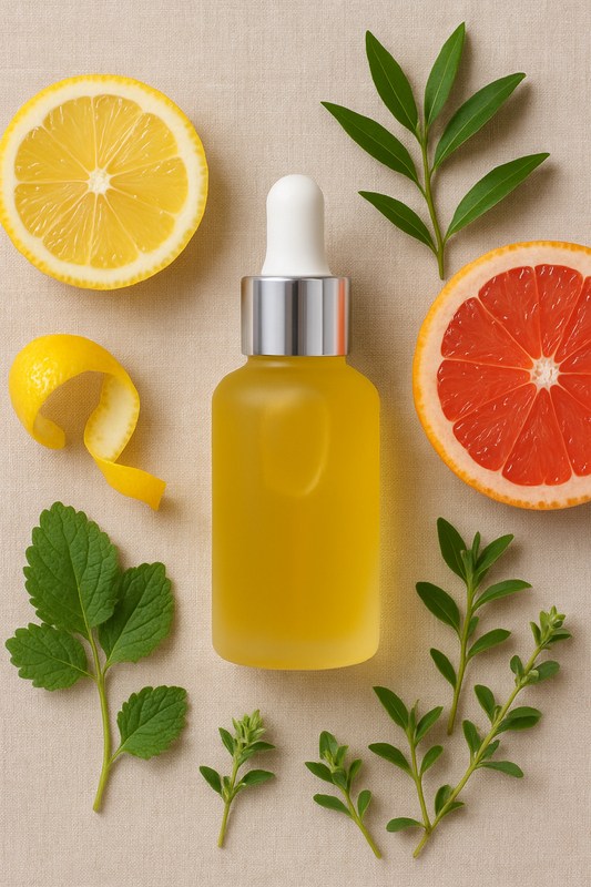 Yellow dropper bottle with lemon, grapefruit, and green leaves on a beige background